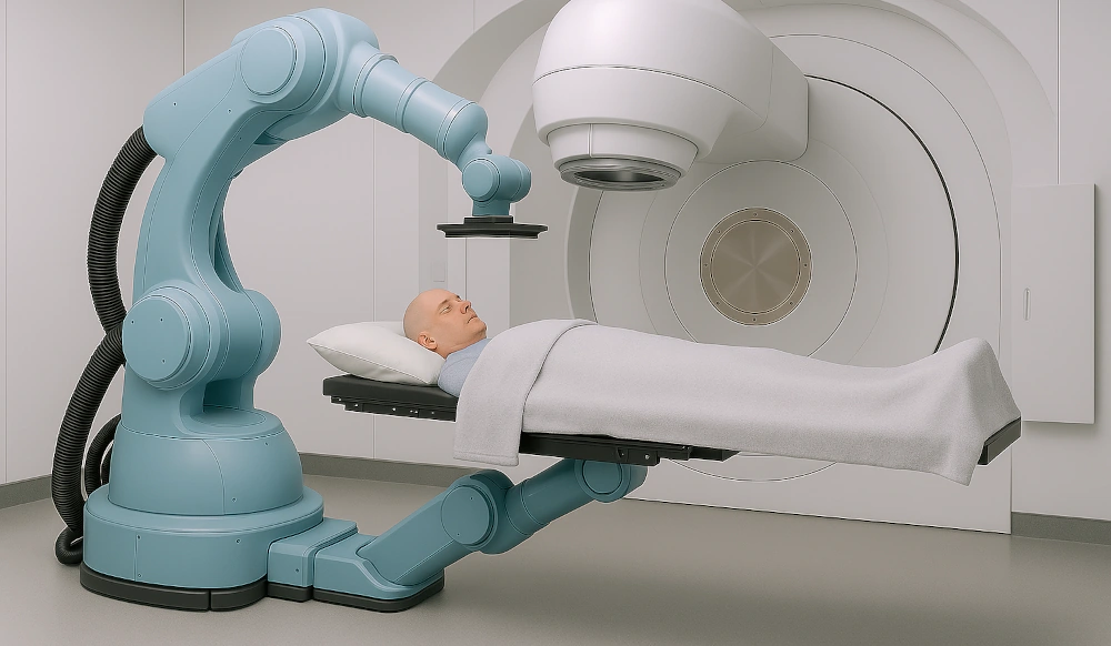 Ein Bild das einen Roboter Zeigt der einen Patienten unter einer Bestrahlungstherapie zeigt.