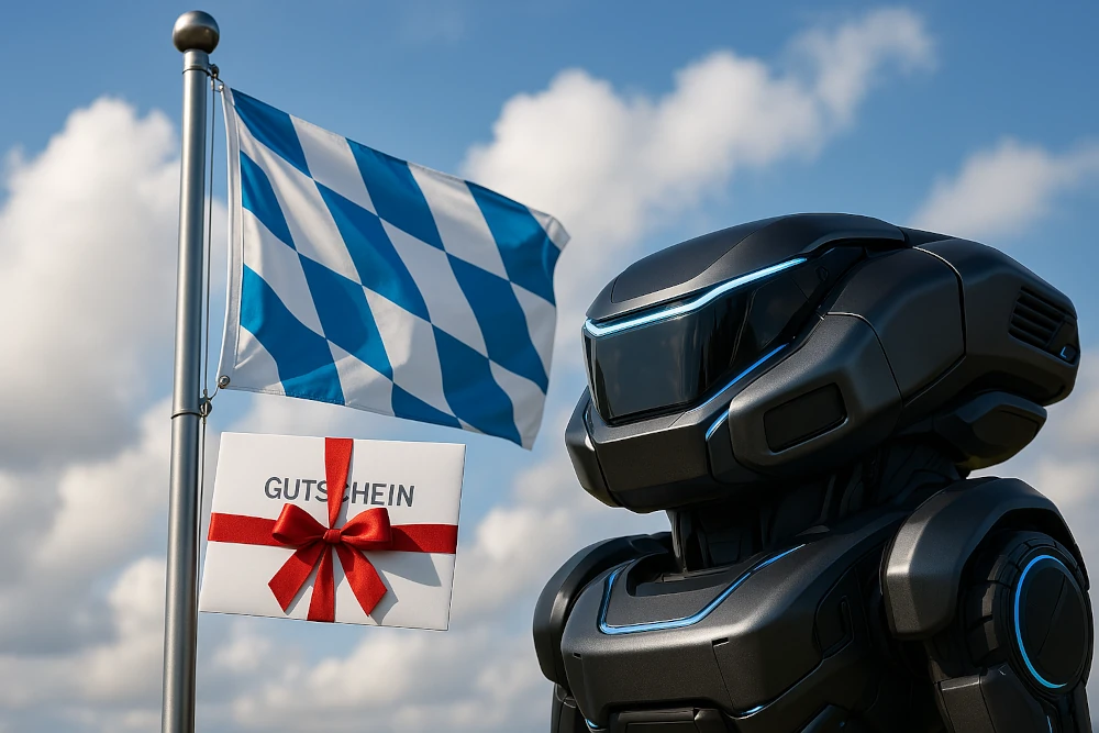 Ein Bild das einen Fahnenmast zeigt, der einem Innovativen Produkt einen Gutschein überreicht.