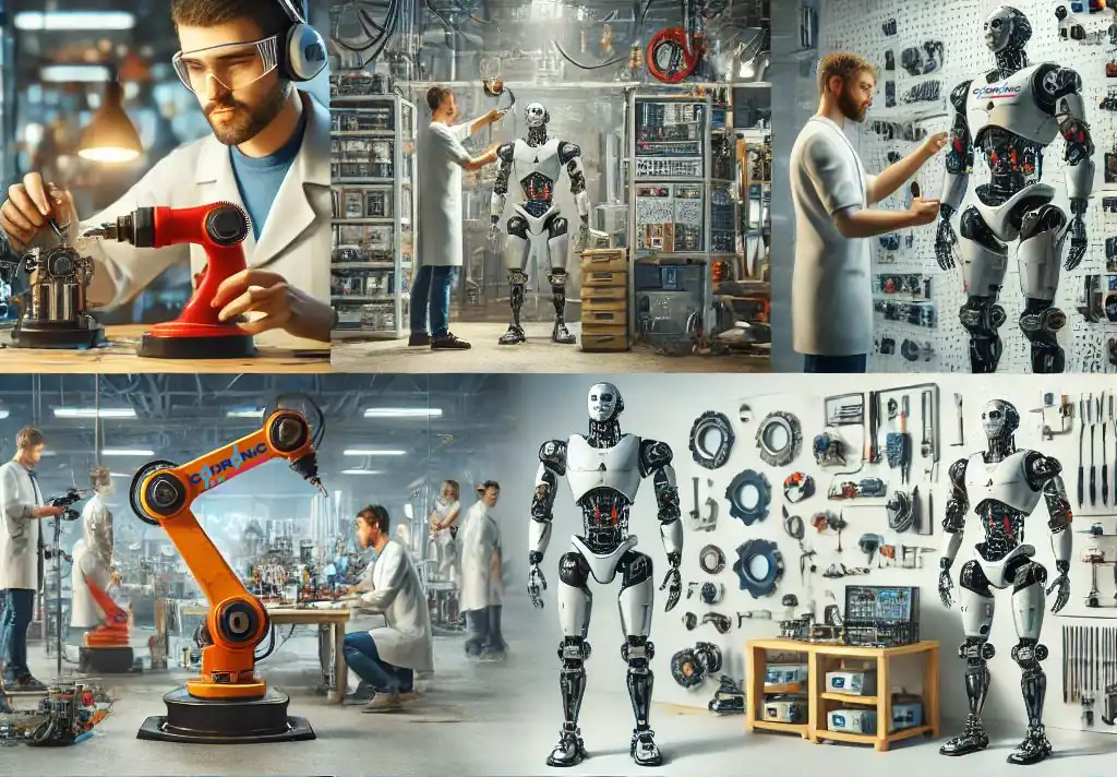 Ein Bild das Personen zeigt die an Robotern und mit Robotern arbeiten.