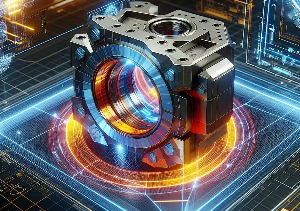 Ein Bild das ein komplexes Maschinenbauteil zeigt das in einer Simulation bewertet wird.
