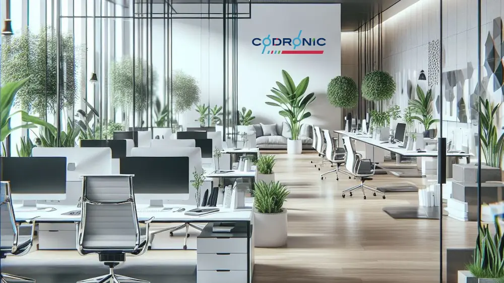 Ein Bild das ein helles modernes Büro zeigt mit Codronic Logo an der Wand