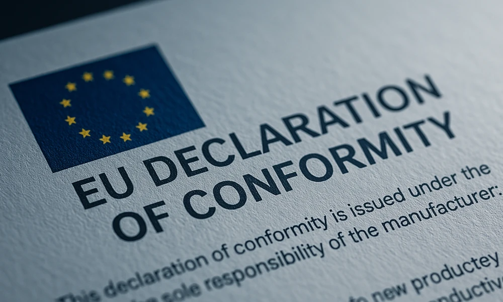 Ein Foto das ein Dokument mit der EU-Flagge zeigt.