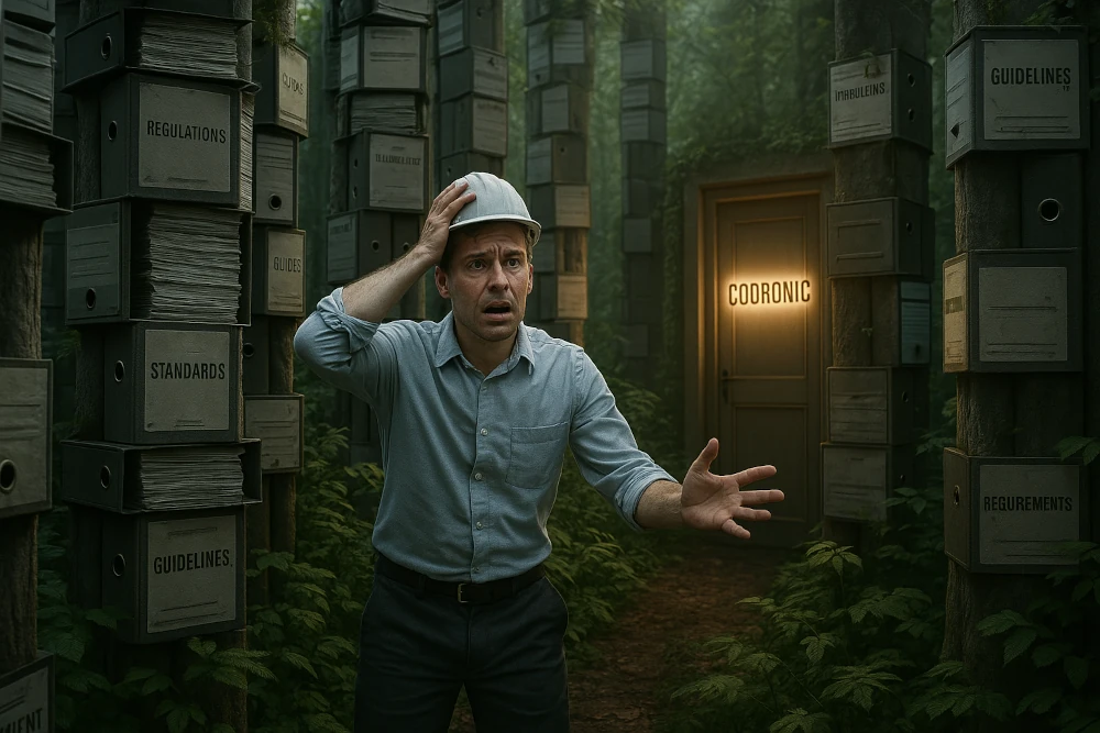 Ein Bild von einem Ingenieur der verzweifelt nach Hilfe im Dokumentations Djungel sucht. 