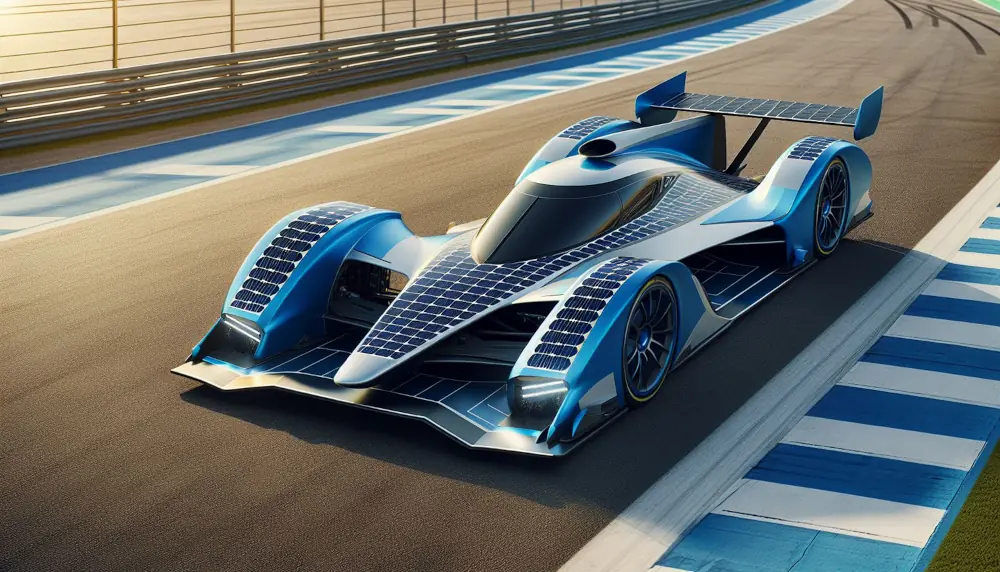 Ein Fotorealistisches Bild von einem Rennwagen auf einer Rennstrecke der mit Photovoltaik Zellen überzogen ist.