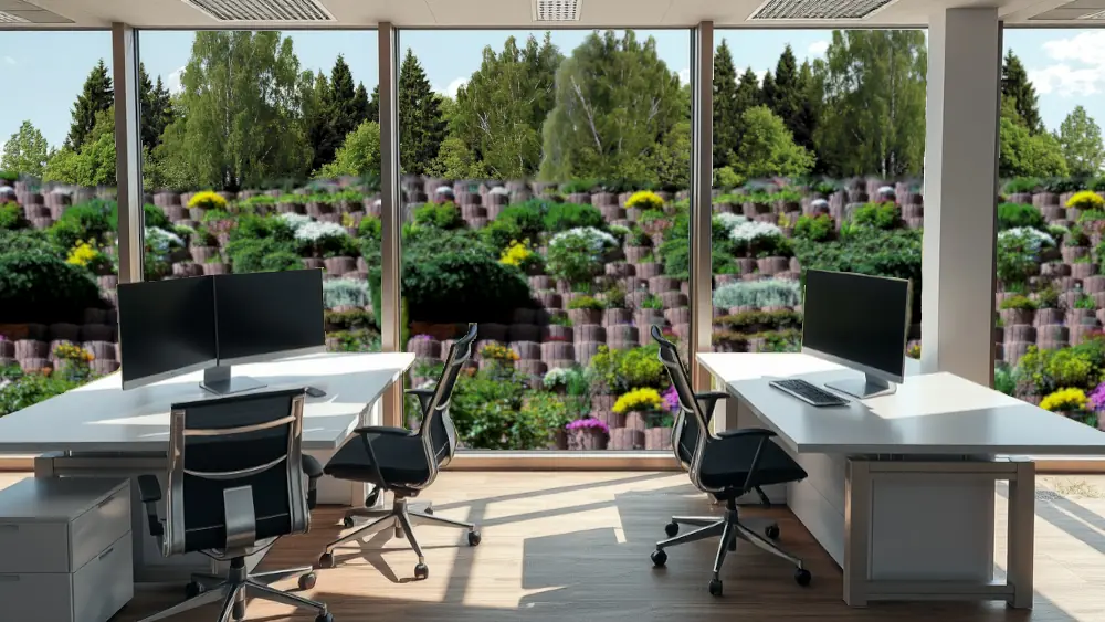 Moderne, helle Arbeitsumgebung mit zwei Bildschirmen pro Arbeitsplatz und Blick aus dem Fenster