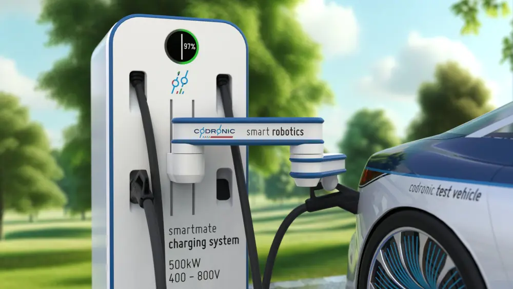 Ein Bild von einem Roboter der einen Stromstecker in ein Elektroauto einsteckt