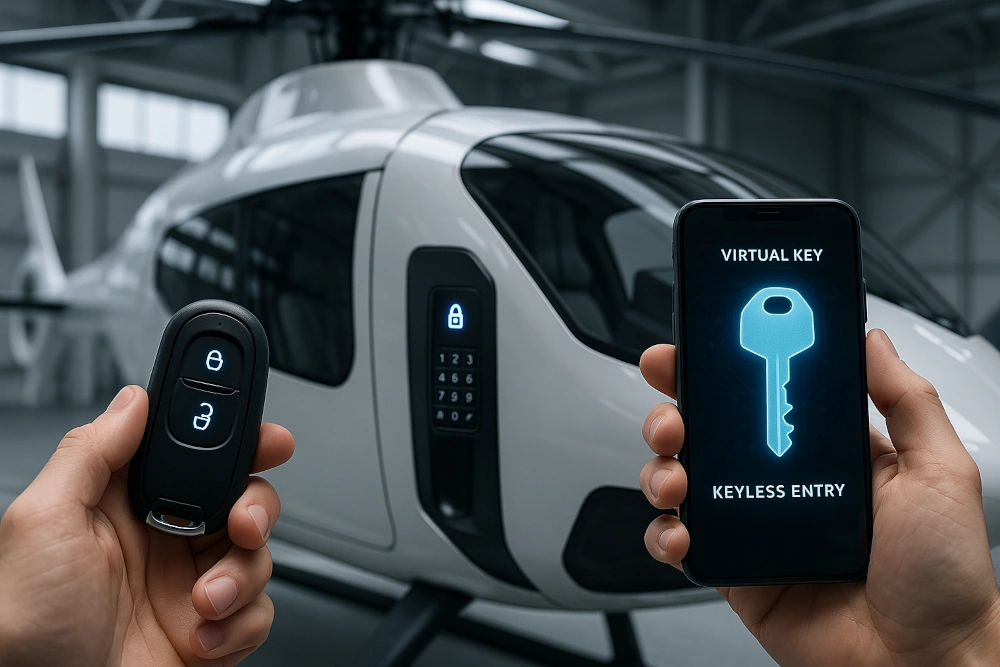 Ein Foto das einen elektrischen Schlüssel und einen virtuellen Schlüssel auf einem Handy zeigt. Im Hintergrund ist ein Hubschrauber zu sehen der ein Keypad an der Türe hat.