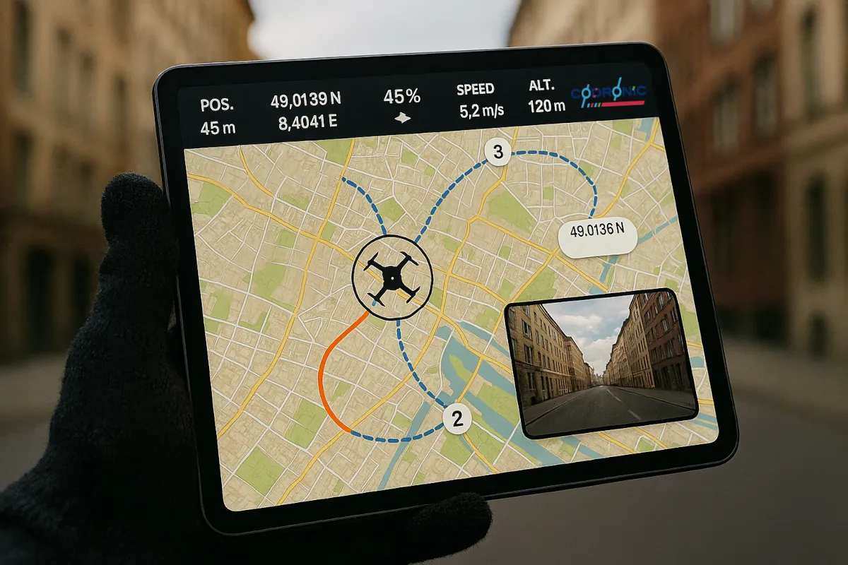 Ein Bild das ein Tablet mit einer Drohnensteuerung zeigt die eine Automatisierte Mission ausführt.
