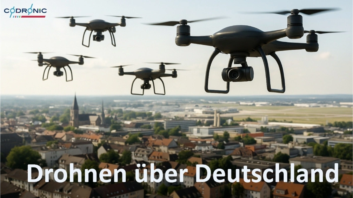 Ein Foto auf dem 4 Drohnen über einer deutschen Stadt fliegen.