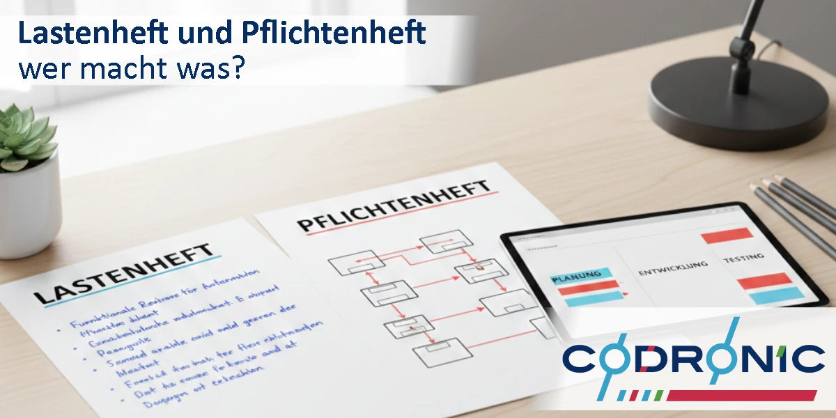 Lastenheft und Pflichtenheft liegen nebeneinander und zeigen Anforderungen sowie technische Umsetzungskonzepte.