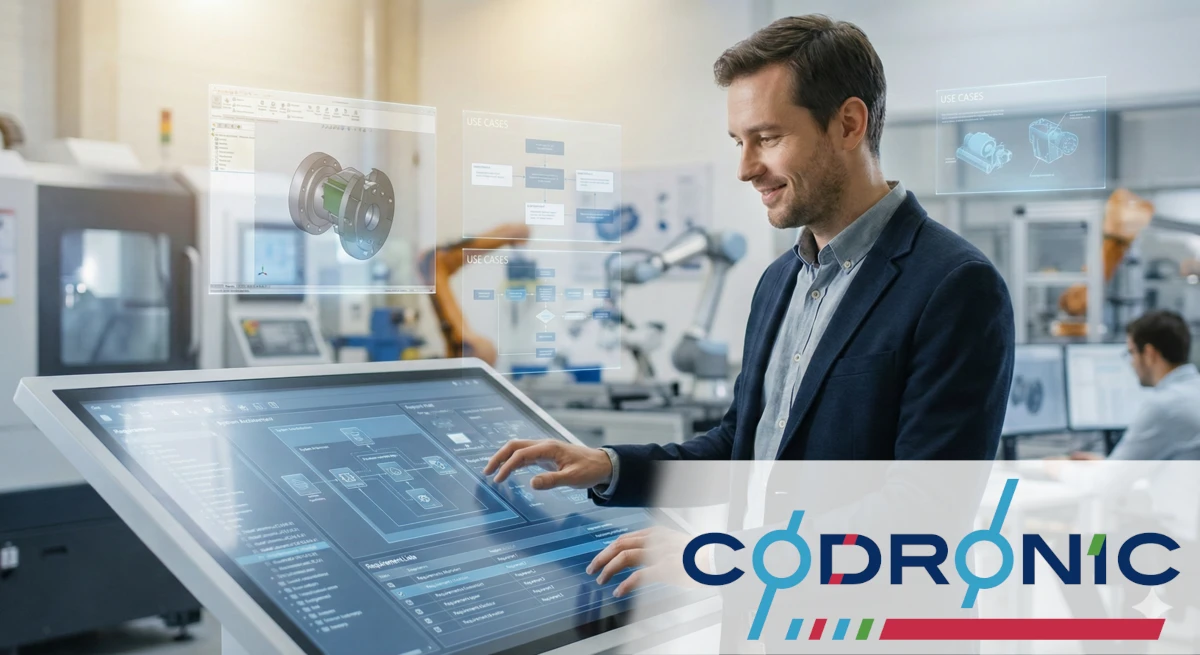 Fotorealistisches Porträt eines freundlichen, männlichen Requirements Engineers im Maschinenbau. Er steht lächelnd an einem großen Touch-Display in einem modernen Büro mit Blick auf eine Produktionshalle mit CNC-Maschinen und Robotern. Das Display und transparente holografische Interfaces um ihn herum zeigen komplexe CAD-Modelle von Maschinenteilen, technische Prozessdiagramme, Systemarchitekturen und Textfelder mit 