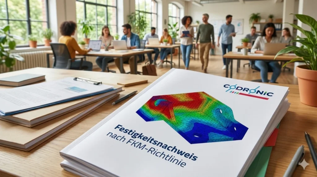 Dokument Festigkeitsnachweis nach FKM-Richtlinie mit farbiger FEM-Grafik auf dem Titelblatt auf einem Schreibtisch, visualisiert die erstellten Berechnungsdokumentationen von Codronic im modernen Ingenieurbüro.