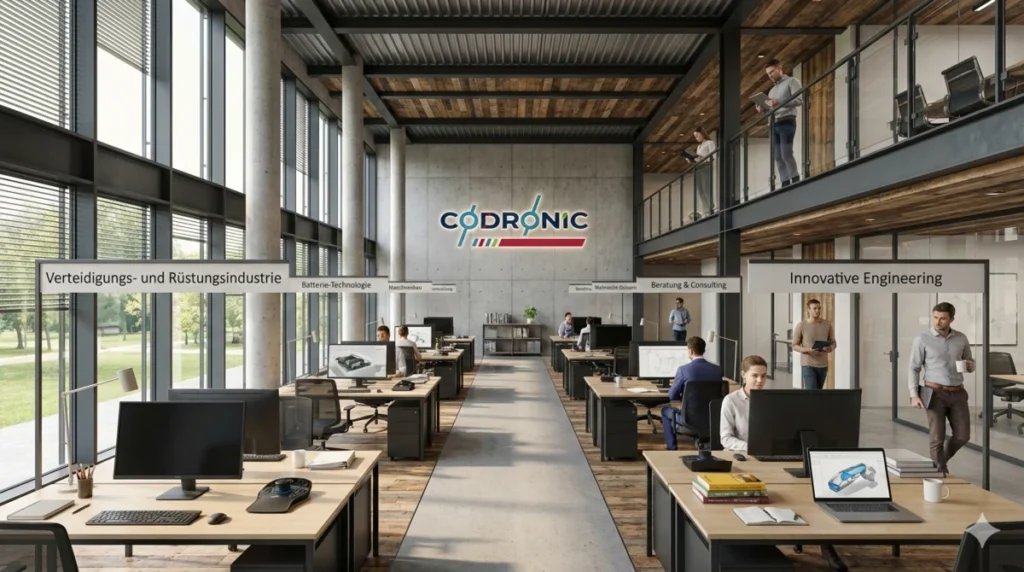 Modernes Großraumbüro von Codronic mit Arbeitsbereichen für Verteidigungsindustrie, Batterietechnik, Maschinenbau, Produktentwicklung, Berechnung-FEM, CE-Dokumentation, Beratung und Consulting und Innovative Engineering