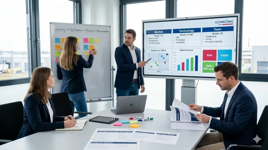 Strategie-Workshop mit Analyse von Marktdaten am Bildschirm und M&A-Prozess am Whiteboard; visualisiert die Codronic Investitionsberatung, Due Diligence und Kaufberatung für Unternehmen.