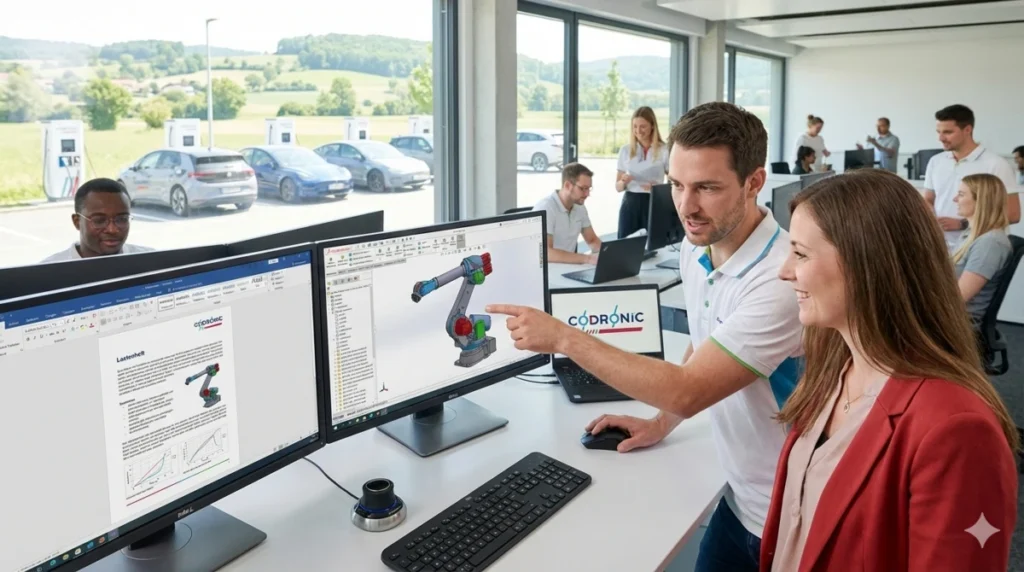 Ingenieure im Codronic Konstruktionsbüro für Maschinenbau besprechen ein 3D-Modell eines Industrieroboters am Bildschirm