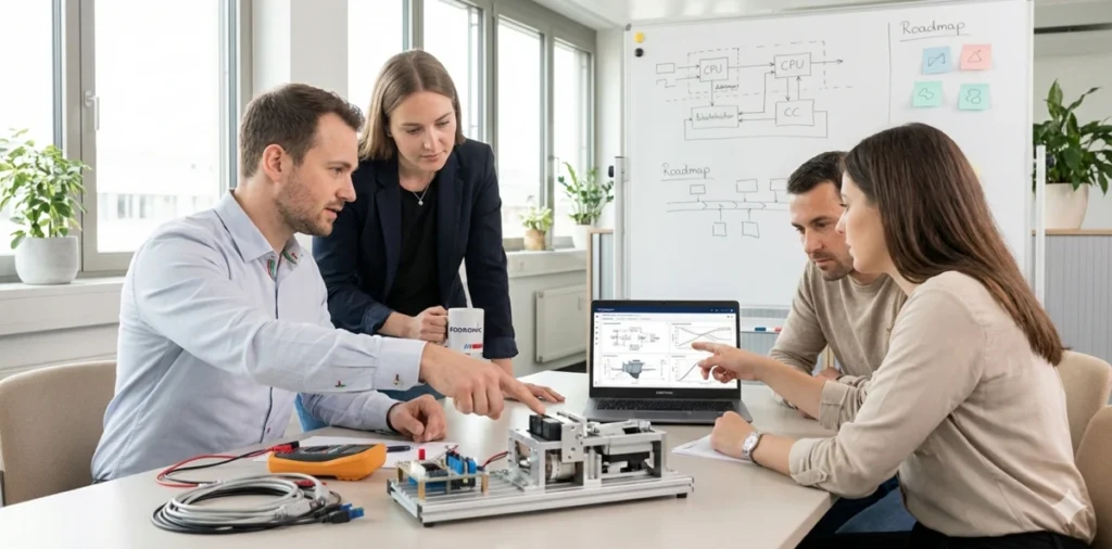 Ingenieur-Team bei der Technologieberatung analysiert gemeinsam einen technischen Prototypen und Daten am Laptop vor einem Whiteboard mit Roadmap.
