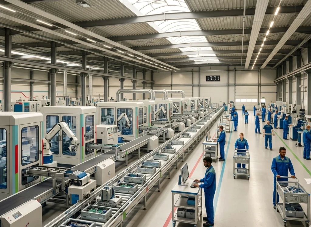 Eine automatisierte Produktionsanlage für mechatronische Komponenten. Die Anlage ist strukturiert und optimal geplant.