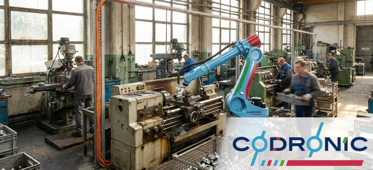 Moderner blauer Industrie-Roboterarm integriert in eine traditionelle Fertigungshalle mit Fachkräften zur Veranschaulichung von Automatisierung und KI-Lösungen gegen Fachkräftemangel.