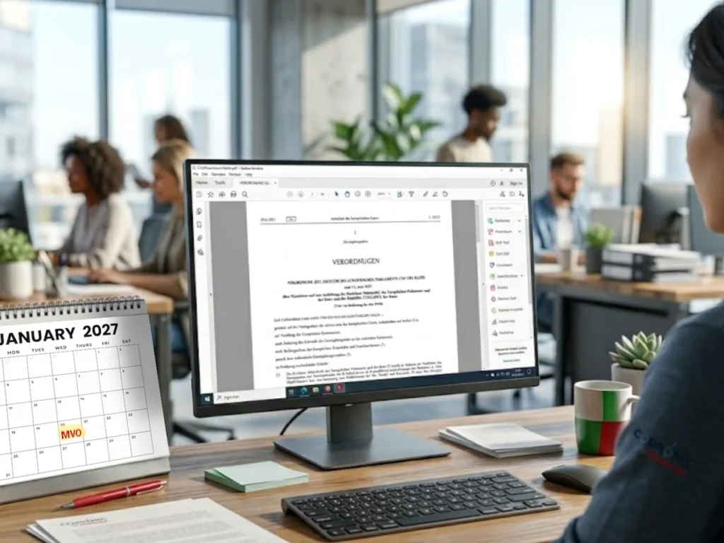 Eine Spezialistin für Konformitätsbewertung betrachtet auf einem Bildschirm die neue Maschinenverordnung 2023/1230. Auf einem Kalender ist der Stichtag 20.01.2027 markiert.