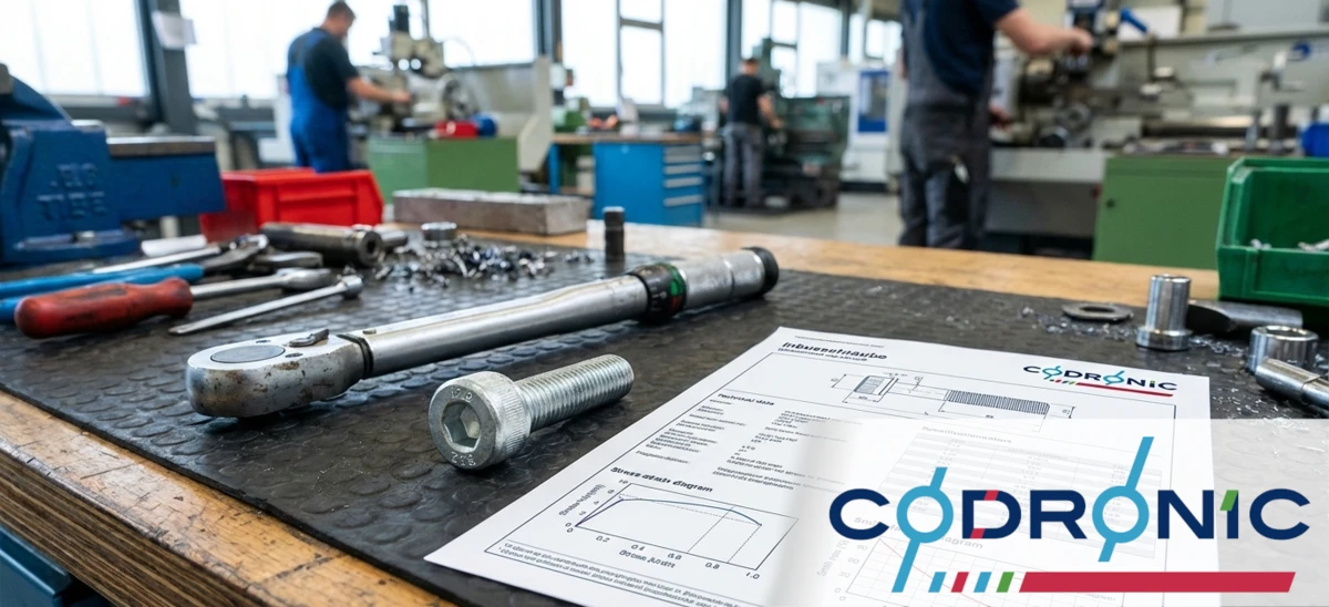 Technisches Datenblatt der Firma Codronic mit Drehmomentschlüssel und hochfester Zylinderschraube auf einer Werkbank in einer industriellen Fertigungshalle.