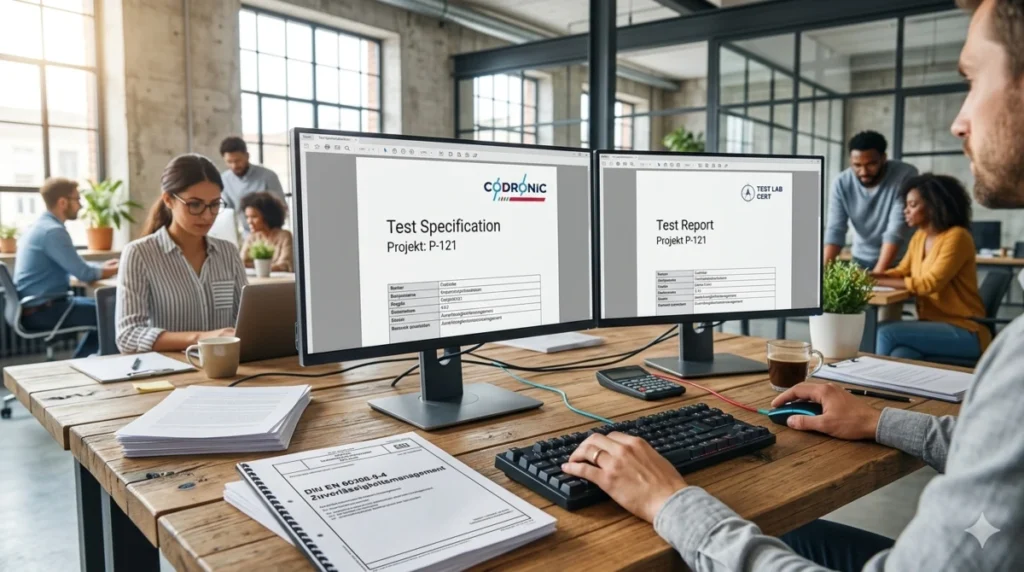 Arbeitsplatz für Zuverlässigkeitsmanagement nach DIN EN 60300 mit Test-Spezifikation und Test-Report auf zwei Monitoren in einem modernen, hellen Büro.