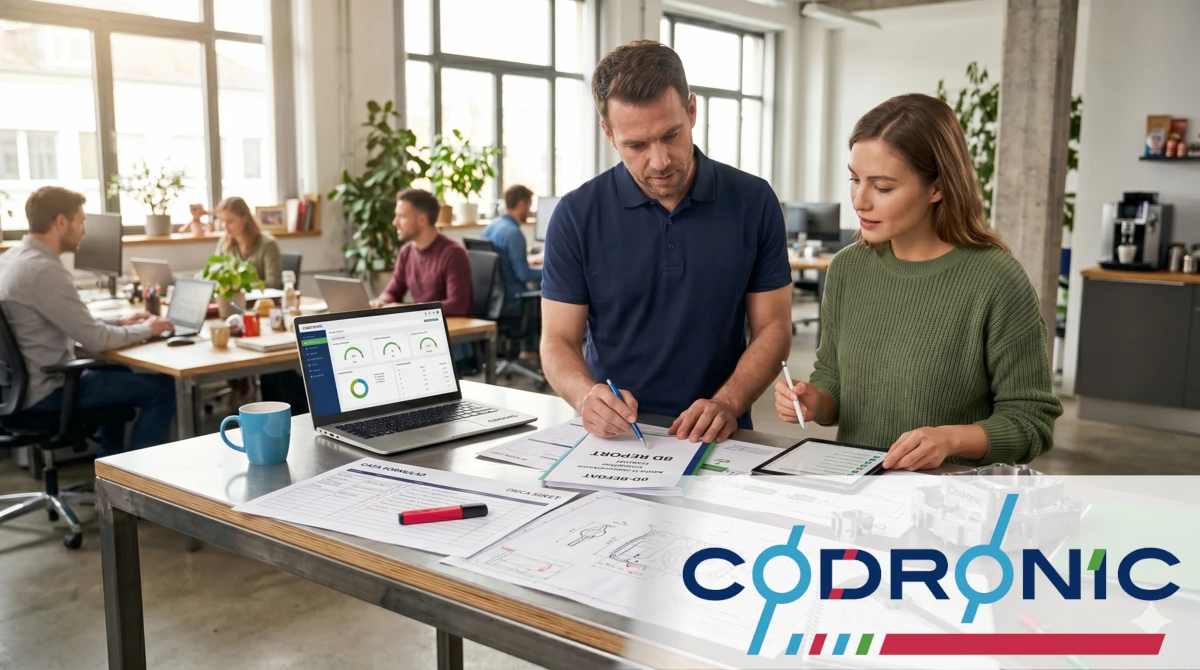 Fehlerkultur: Technischer Arbeitsplatz mit 8D-Report, CAPA-Formularen, FMEA-Blatt, markierten Zeichnungen und Laptop mit Qualitätsdashboard im Engineering-Büro.