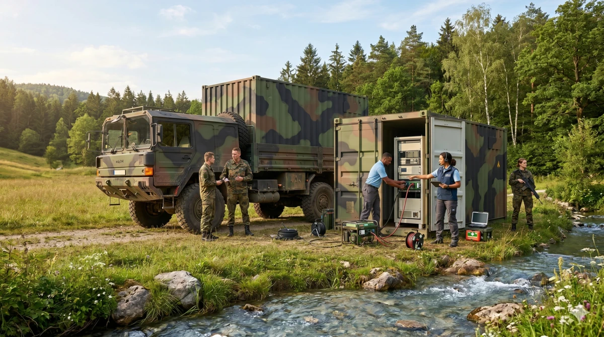Ein militärischer LKW und ein containerbasiertes System in einer naturnahen Umgebung. Das Bild veranschaulicht die Minimierung von Umwelteinflüssen mobiler militärischer Systeme.