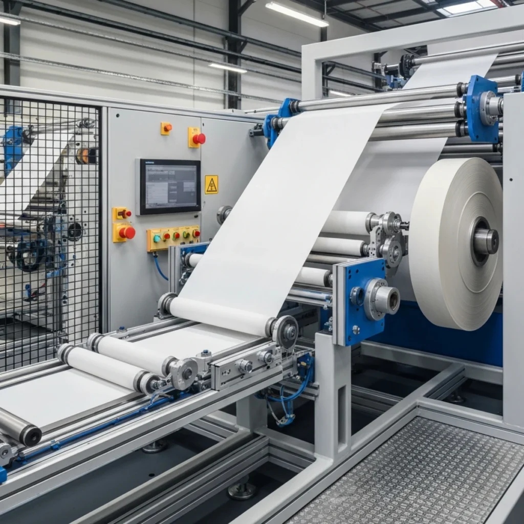 Industrielle Bahnverarbeitungsanlage mit dynamischem Materialspeicher und mäanderförmiger Bahnführung zwischen Abwickelrolle und nachgelagerter Maschine.
